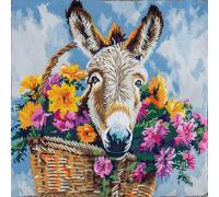Henypt Cross Stitch Cushion Kit Donkey Animal in Flower Basket Needlepoint Craft Set Pre Printed Handmade Cushions Cover Stitched Cushion Kit Decorative for Adults Beginners 45x45cm