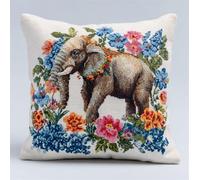 Henypt Cross Stitch Cushion Kit Elephant Standing in A Sea of Flowers 17.7X17.7In(45X45Cm) Cushion with Zipper - Stamped Cross Stitch Embroidery Pillow Kit DIY Needlework Pillowcase Gifts Decorativ
