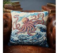 Henypt Cross Stitch Cushion Kit Giant Octopus Waves 17.7X17.7In(45X45Cm) Cushion with Zipper - Stamped Cross Stitch Embroidery Pillow Kit DIY Needlework Pillowcase Gifts Decorative for Adults Begin