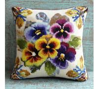 Henypt Cross Stitch Cushion Kit, Posy of Pansies 17.7X17.7In(45X45Cm) Cushion Back Included, Pre Printed Canvas, Stamped Cross Stitch Pillowcase Yarn and Needle Included Embroidery Needle Pillow F