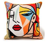 Henypt Cross Stitch Cushion Kits Abstract Woman Portrait Needlepoint Craft Set Pre Printed Handmade Cushions Cover Stitched Cushion Kit Decorative for Adults Beginners 45x45cm