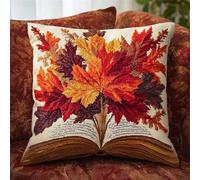Henypt Cross Stitch Cushion Kits Cartoon Autumn Leaves Needlepoint Craft Set Pre Printed Handmade Cushions Cover Stitched Cushion Kit Decorative for Adults Beginners 45x45cm