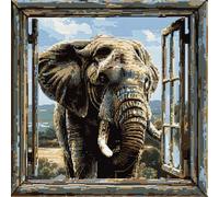 Henypt Cross Stitch Cushion Kits for Adults Elephant Animal Outside The Window Needlepoint Craft Set Pre Printed Handmade Cushions Cover Stitched Cushion Kit Decorative for Adults Beginners 45x45cm