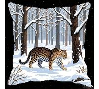 Henypt Cross Stitch Cushion Kits for Adults,Leopard in The Snowy Forest,Cross Stitch Pillowcase Kits for Beginners,18x18inch DIY Embroidery Pillow for Christma Decoration