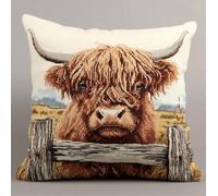 Henypt Cross Stitch Embroidery Kits Cushion Embroidery Set Beginners Pre-Printed Highland Cattle On A Fence 17.7X17.7In(45X45Cm) DIY Cross Stitch Cushion Creative Set for Adults Craft Kit Craftsman