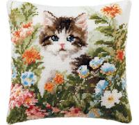 Henypt Cross Stitch Kit Cushion Complete Set Cat in The Flowers 17.7X17.7In(45X45Cm) Decoration Manual Embroidery Kit Set Adult Art Creative Gift DIY Printed Cross Stitch Embroidery Pillowcase DIY