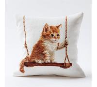 Henypt Cross Stitch Kit Cushion Complete Set Cat On The Swing 17.7X17.7In(45X45Cm) Decoration Manual Embroidery Kit Set Adult Art Creative Gift DIY Printed Cross Stitch Embroidery Pillowcase DIY N