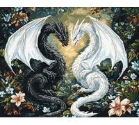 Henypt Cross Stitch Kits 11Ct Stamped Patterns Black Dragon White Dragon and Flowers for Adults DIY Preprinted Embroidery Kit for Beginner
