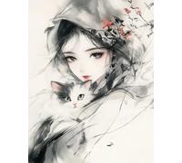 Henypt Cross Stitch Kits 11Ct Stamped Patterns Girl Holding A Cat for Adults DIY Preprinted Embroidery Kit for Beginner