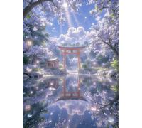 Henypt Cross Stitch Kits for Adults Japanese Architecture and Flowering Trees 14 Count Fabric Stamped Embroidery Sewing Craft Set Needlework DIY Handmade Needlecrafts with Accessories 30x40cm