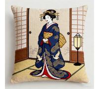 Henypt Cross Stitch Kits for Adults Pillow Retro Japanese Oiran Needlepoint Craft Set Pre Printed Handmade Cushions Cover Stitched Cushion Kit Decorative for Adults Beginners 45x45cm