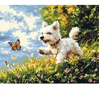 Henypt Cross Stitch Kits for Adults,West Highland White Terrier Chasing Butterflies Complete DIY Embroidery Printed Cross Stitch Kit Home Wall Decor 11CT