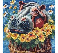 Henypt Cross Stitch Pillow Cover Kit Hippo Animal and Flowers Needlepoint Craft Set Pre Printed Handmade Cushions Cover Stitched Cushion Kit Decorative for Adults Beginners 45x45cm