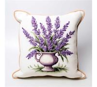 Henypt Cross Stitch Pillow Cover Kit Lavender Flowers in A Vase Needlepoint Craft Set Pre Printed Handmade Cushions Cover Stitched Cushion Kit Decorative for Adults Beginners 45x45cm