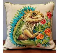 Henypt Cross Stitch Pillow Cover Kit Lizard Animals and Flowers DIY Cushion Embroidery Kit Needlepoint Handmade Needlework Cushions Kits Stitched Pillow Cover Set for Adults Beginners 45x45cm