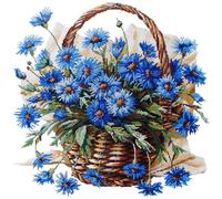 Henypt Cross Stitch Pillow Kit Cornflowers in A Basket DIY Cushion Embroidery Kit Needlepoint Handmade Needlework Cushions Kits Stitched Pillow Cover Set for Adults Beginners 45x45cm