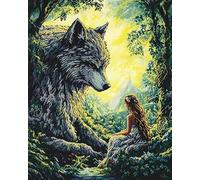 Henypt DIY Bead Embroidery Kit 9Ct Girl and Wolf -Cross Stitch with Beads On Pre-Printed Fabric, Embroidery Set with Needle & Beads, Craft Kit for Adults & Beginners (No Frame)