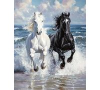 Henypt DIY Bead Embroidery Kit 9Ct Horses Running On The Beach -Cross Stitch with Beads On Pre-Printed Fabric, Embroidery Set with Needle & Beads, Craft Kit for Adults & Beginners (No Frame)
