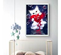 Henypt DIY Bead Embroidery Kit 9Ct Love-Loving White Cat -Cross Stitch with Beads On Pre-Printed Fabric, Embroidery Set with Needle & Beads, Craft Kit for Adults & Beginners (No Frame)