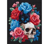 Henypt DIY Bead Embroidery Kit Black Cat and Skull - 40X50Cm 9Ct Medium Cross Stitch with Beads, Pre-Printed Fabric, Needlework & Craft Set for Adults, Home Décor & Handmade Gift