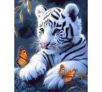 Henypt DIY Bead Embroidery Kit On Art Canvas White Tiger and Butterfly Cub Beadwork Kit for Home Décor Needlework Craft Kit