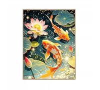 Henypt DIY Bead Embroidery Kit Two Koi and Lotus Flowers 30X40Cm -9Ct Cross Stitch Set with Pre-Printed Cloth, Colourful Beads & Needle, Easy Craft Kit for Adults, Beginners & Hobby Lovers