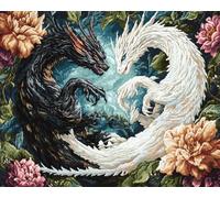 Henypt DIY Cross Stitch Counted Kits Stamped Kit Cross-Stitching Pattern for Home Decor Black Dragon White Dragon and Flowers 11Ct Fabric Embroidery Crafts Needlepoint Kit Adult Craft Kits