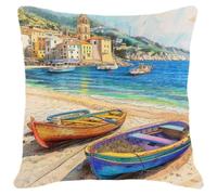 Henypt DIY Cross Stitch Cushion Kits Small Boats on the Beach 11CT 45x45cm | Landscape Cushion Embroidery Kit For Adults Beginners Needlepoint Handmade Needlework Cushions Kits Stitched Pillow Cover Se