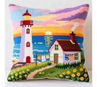 Henypt DIY Cross Stitch Pillow Kit,Lighthouse hut by The sea,Embroidered Pillow Case Kits,Handmade Cushion Cover for Home Decor 18x18inch