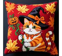Henypt DIY Embroidery Cross Stitch Cushion Kit,Halloween Cat,Stamped Cross-Stitch Pillow Case Kit for Creative Home Décor - Gift for Adult Beginners,18x18in
