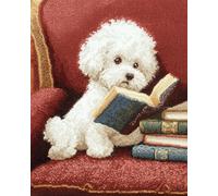 Henypt DIY Embroidery Kit with Beads Bichon Frise Sitting On A Retro Sofa - 40X50Cm 9Ct Cross Stitch Bead Set, Pre-Printed Fabric & Needlework Kit for Adults, Beginners, Hobby Crafters & Han