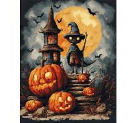 Henypt DIY Embroidery Kit with Beads Pumpkin Halloween Night -9Ct Cross Stitch Bead Set, Pre-Printed Fabric & Needlework Kit for Adults, Beginners, Hobby Crafters & Handmade Gifts