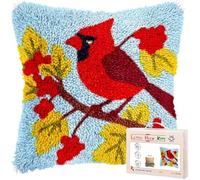 Henypt DIY Latch Hook Cushion Kits for Adults,Red Cardinal Bird On Berry Tree,Pillowcase DIY Needlework Embroidery Kits Handmade Set Craft Sofa Home Decor Gifts,43x43cm