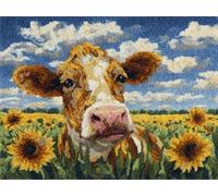 Henypt DIY Latch Hook Rug Kits for Beginners,Jersey Cow and Sunflowers Unfinished Crocheting Tapestry,Handmade Embroidery Needlework for Home Christmas Decoration,52x38cm