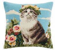 Henypt DIY Needlework Kit Embroidery Pillow Canvas Cushion Cat Standing Next to Flowers 17.7X17.7In(45X45Cm) Cross Stitch Pillowcase Stamped DIY Printed Cross Stitch Pillow Case Kits Embroidery Cus