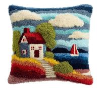 Henypt Easy Beginner Latch Hook Pillow Kit 43x43cm,a Small House by the sea Needlework Cushion Set Pre-Printed Canvas and Tool Included,Simple Sofa Decor Project
