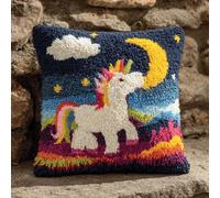 Henypt Easy Beginner Latch Hook Pillow Kit 43x43cm,Horse Under the Starry Sky Needlework Cushion Set Pre-Printed Canvas and Tool Included,Simple Sofa Decor Project