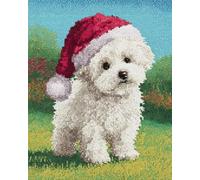 Henypt Embroidery Bead Kit Bichon Frise Wearing A Santa Hat - 9Ct Cross Stitch Bead Embroidery Set, Pre-Printed Cloth with Beads & Needle, DIY Craft Kit for Beginners & Adults (No Frame)