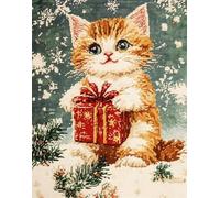 Henypt Full Bead Embroidery Kit Kitten Holding A Gift 40X50Cm Needlepoint Beaded Cross Stitch Beaded Pattern 3D Embroidery Kit