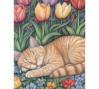 Henypt Full Bead Embroidery Kit Picture Cat Napping in A Spring Garden Needlepoint Spring Beaded Cross Stitch Beaded Pattern 3D Embroidery Kit