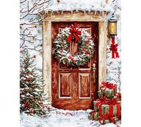 Henypt Full Bead Embroidery Kit Picture Christmas Wreath On The Door 40X50Cm Needlepoint Spring Beaded Cross Stitch Beaded Pattern 3D Embroidery Kit