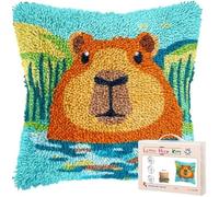 Henypt Latch Hook Craft Kit 17x17 Inch,Capybara and Water Complete Embroidery Cushion Kit,Creative Craft Stress Relief Handmade Gift for Beginners