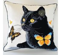 Henypt Latch Hook Cushion Kit for Adults,Black Cat and Butterfly DIY Latch Hook Pillow Kit with Pre-Printed Pattern,17X17Inch Complete Craft Set with Yarn and Hook, Decorative Throw Pillow for Home