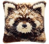 Henypt Latch Hook Cushion Kits for Beginners Animal Raccoon Pillow Cover Making Crochet Craft Kits Pre Printed Canvas Wool Yarn Hobbies DIY Sofa Home Decor 43x43cm