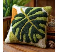 Henypt Latch Hook Cushion Kits for Beginners Green Leaves Pillow Cover Making Crochet Craft Kits Pre Printed Canvas Wool Yarn Hobbies DIY Sofa Home Decor 43x43cm