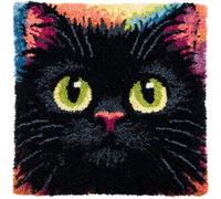 Henypt Latch Hook Kit Cushion Animal Black Cat DIY Pillow Materials Package Hooks Knitted Embroidered Carpet Pillow Embroidery Latch Hook Carpet Kit 43cmX43cm