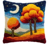 Henypt Latch Hook Kit Cushion, Flowering Trees and The Moon DIY Pillow Materials Hooks Knitted Embroidered Pillow Embroidery Latch Hook Carpet Kit,17x17inch