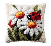 Henypt Latch Hook Kit Cushion, Flowers and Ladybugs DIY Pillow Materials Hooks Knitted Embroidered Pillow Embroidery Latch Hook Carpet Kit,17x17inch