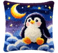 Henypt Latch Hook Kits, Animals, Penguins, and The Moon Embroidery Art Kits, Latch Hook Pillow Kit, 17x17inch DIY Handmade Pillowcase Pre-Printed Pattern Needlework Crochet Craft Kit