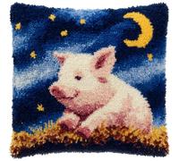 Henypt Latch Hook Kits, Animals, Pigs, and The Moon Embroidery Art Kits, Latch Hook Pillow Kit, 17x17inch DIY Handmade Pillowcase Pre-Printed Pattern Needlework Crochet Craft Kit